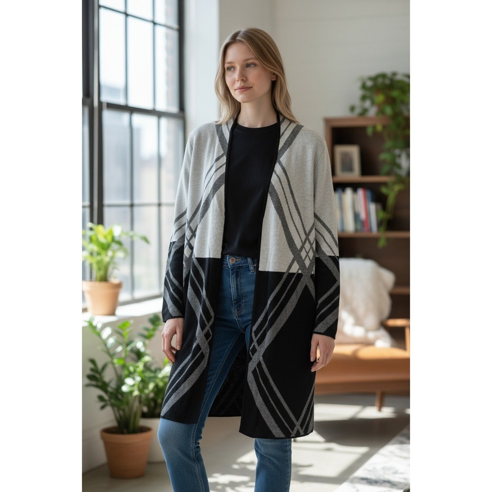 Kasper Duster Cardigan ‎ Gray/Black Open Front Diagonal Small NWT